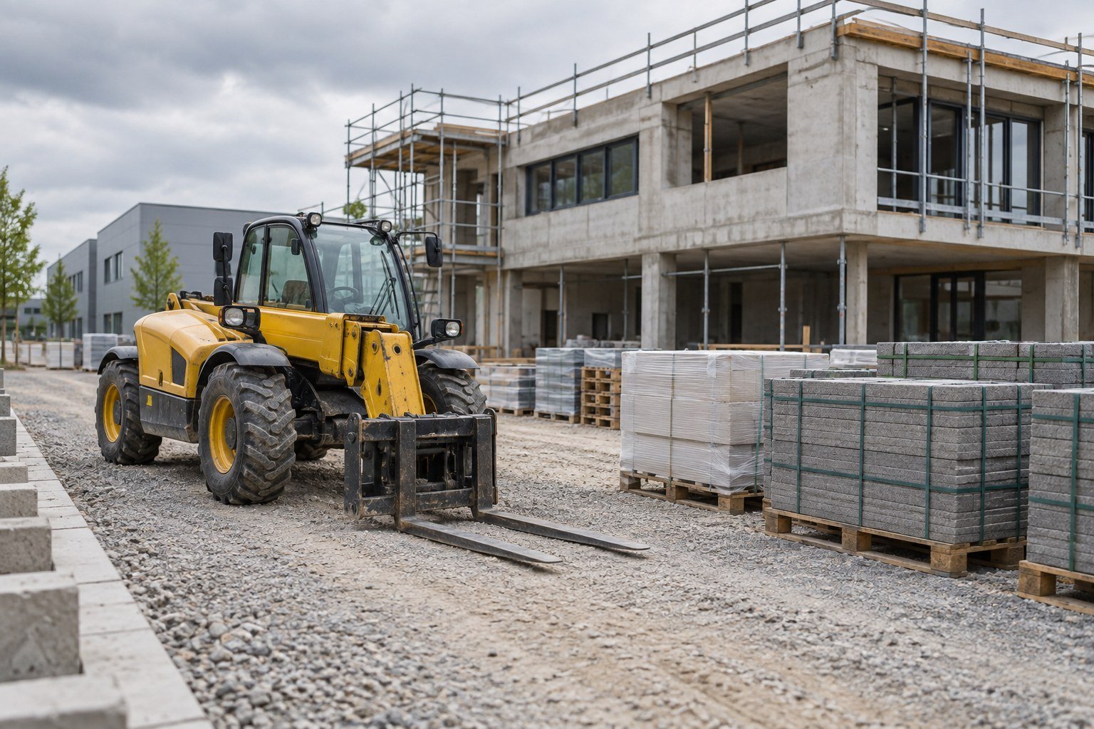 Aufgeräumter Baustellenumschlagplatz mit Baumaschine und Materialstapeln – KI-Visualisierung