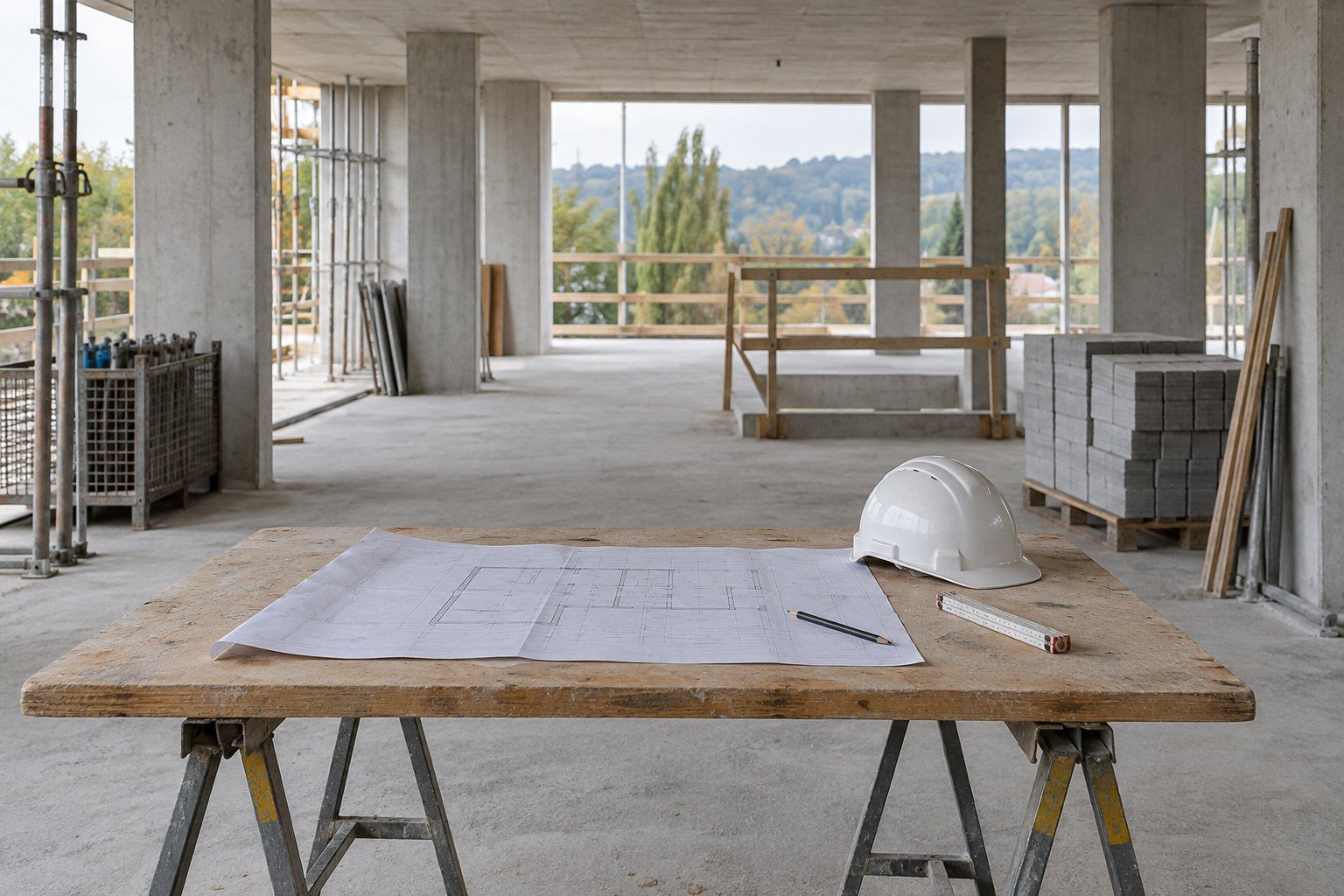 Bauplan und Schutzhelm auf einem Arbeitstisch im Rohbau – KI-Visualisierung