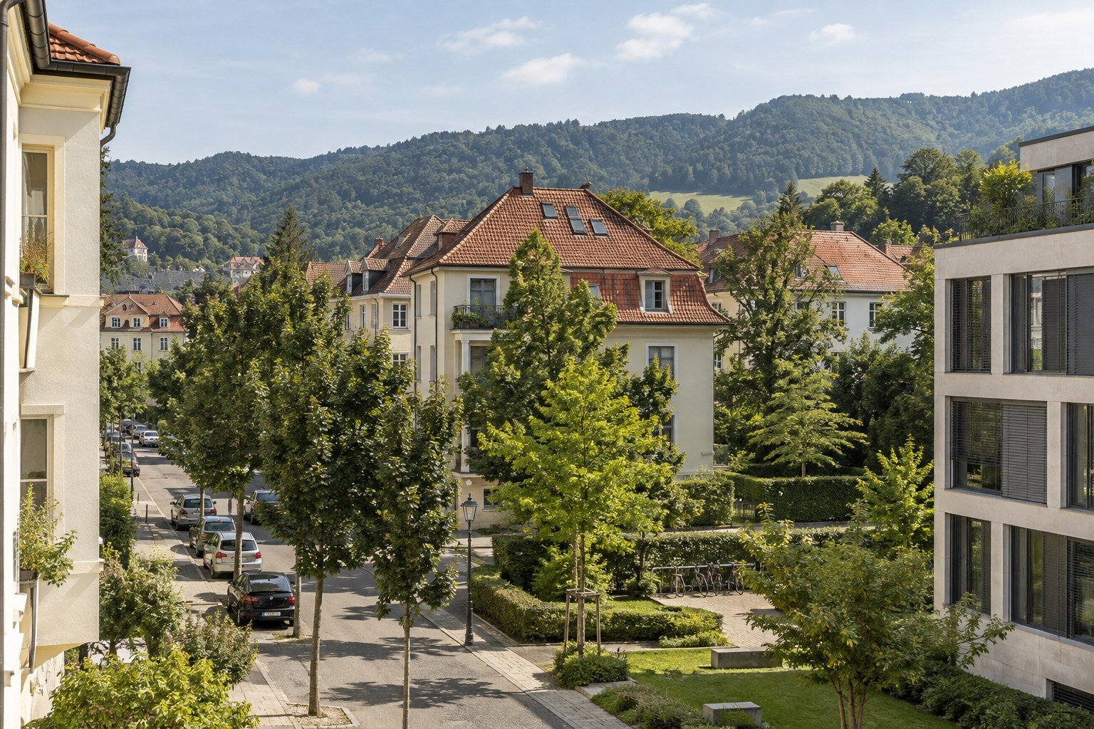Fiktives südbadisches Quartier mit hellen Gebäuden, Bäumen und grünen Hügeln – KI-Visualisierung