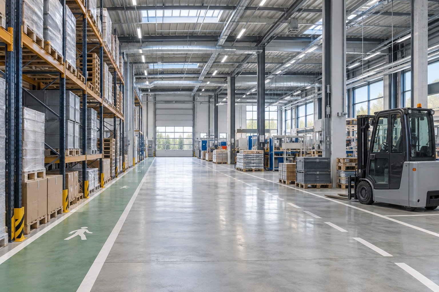 Geordnete Logistikhalle mit Regalen, freien Wegen und abgestelltem Gabelstapler – Visualisierung