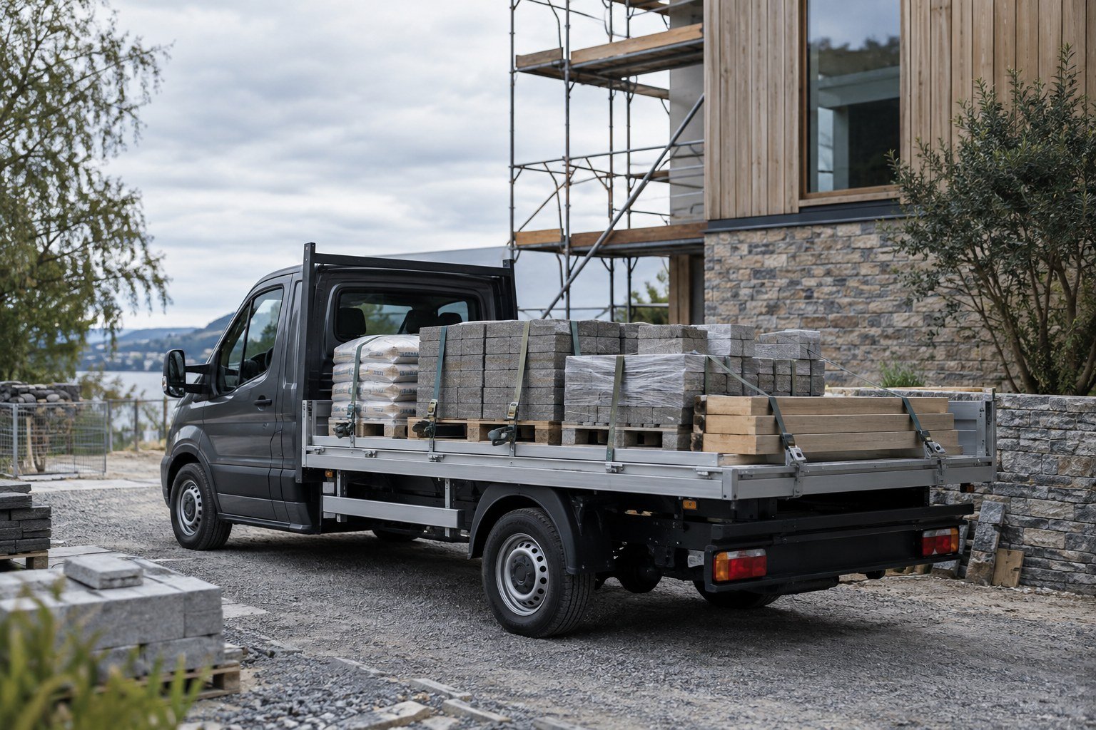 Pritschenfahrzeug mit gesicherter Materialladung an einer Baustelle – KI-Visualisierung