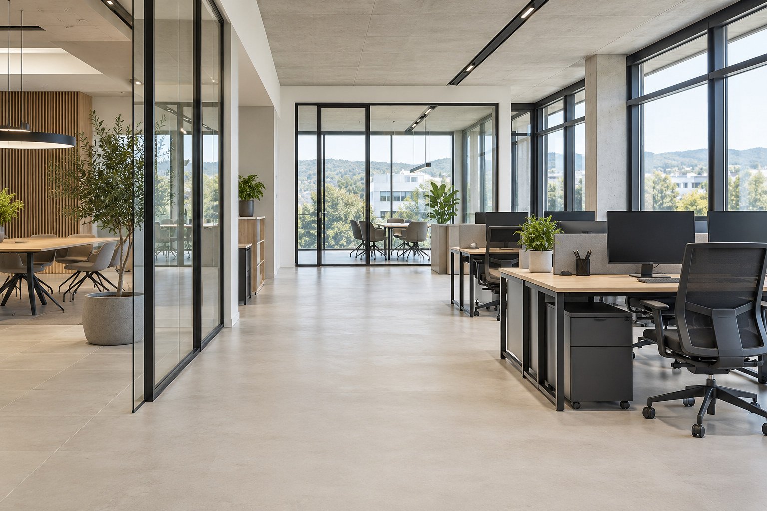 Helles Büro mit gepflegten Böden, Arbeitsplätzen und Glastrennwänden – Visualisierung