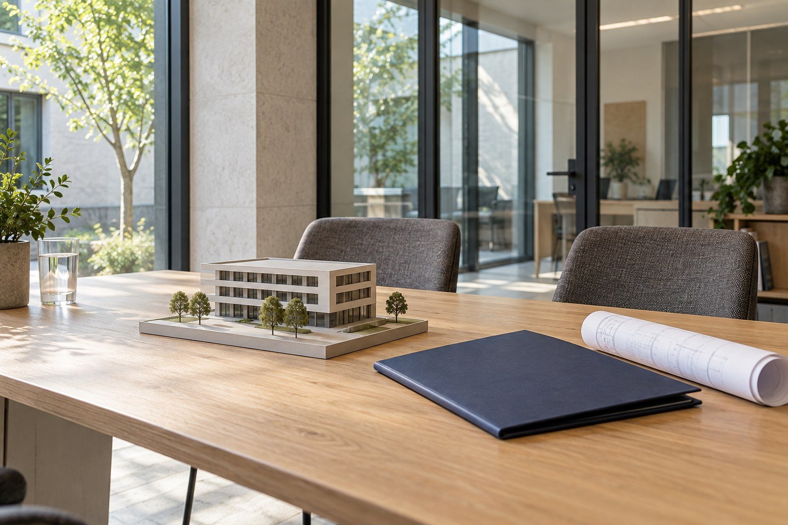Besprechungstisch mit Gebäudemodell, Projektmappe und Grundriss – KI-Visualisierung